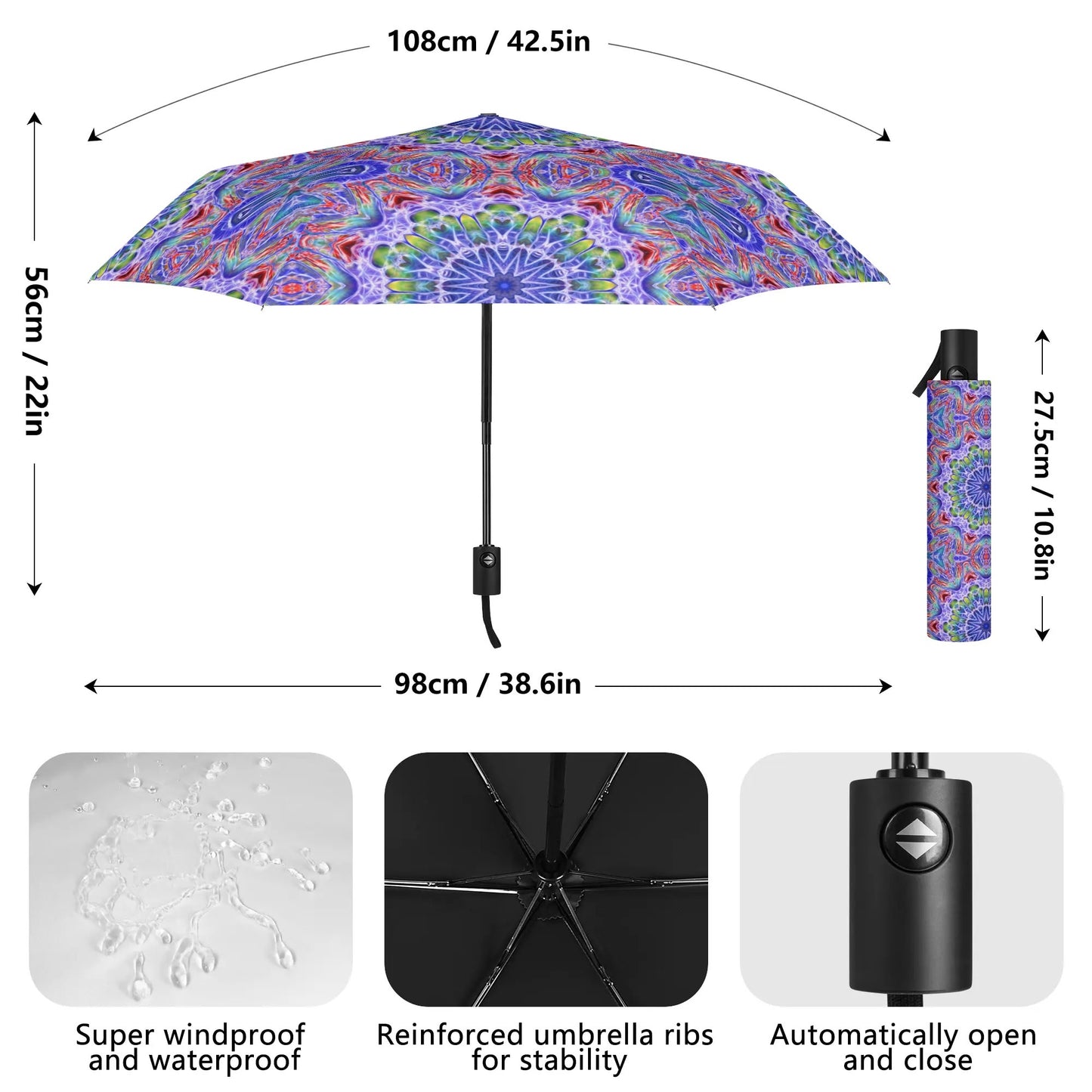 Red Blue Kaleidoscope Fully Auto Open & Close Umbrella Printing Outside