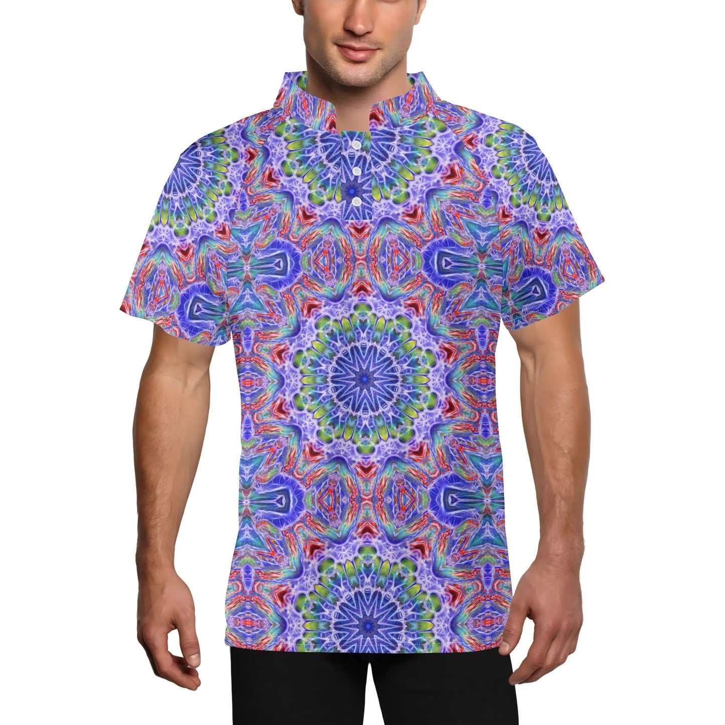 Red Blue Kaleidoscope Mens Button Up Short Sleeve Golf Tennis T-Shirts Casual Business Polo Shirts