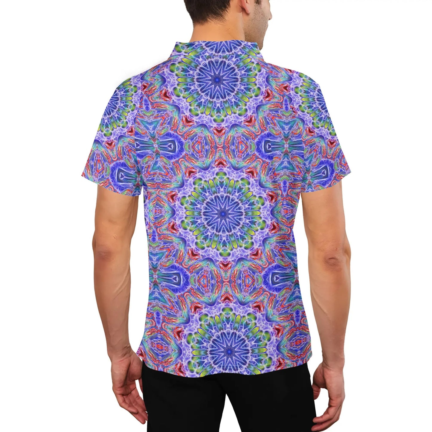 Red Blue Kaleidoscope Mens Button Up Short Sleeve Golf Tennis T-Shirts Casual Business Polo Shirts