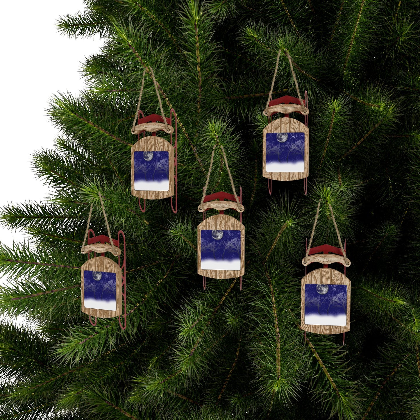 Blue Moon Snow Trees Sled Ornaments