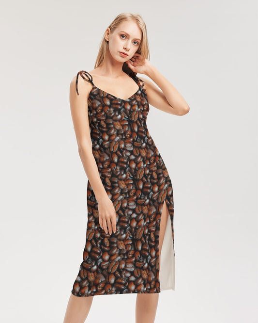 Coffee Bean Pattern Women's All-Over Print Tie Strap Split Dress