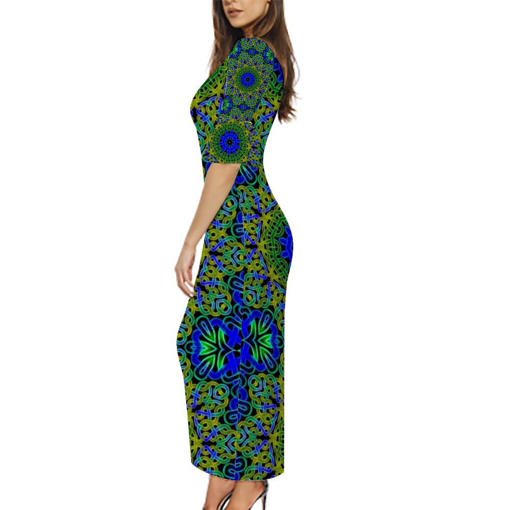 Blue Green Celtic Kaleidoscope Custom Lotus Leaf Short Sleeve Long Dress Women's Summer Fashion Dress