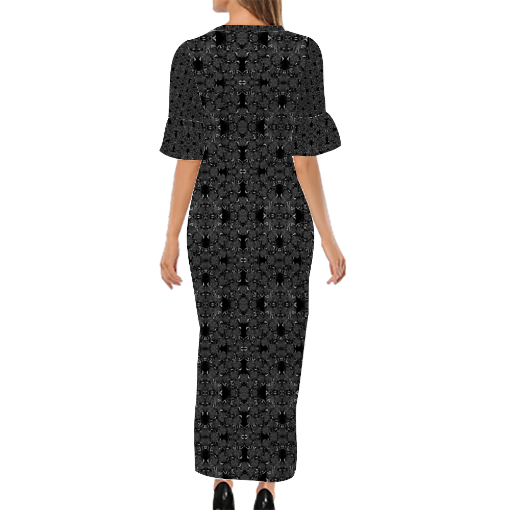 Black Roses Pattern Custom Lotus Leaf Short Sleeve Long Dress Women's Summer Fashion Dress