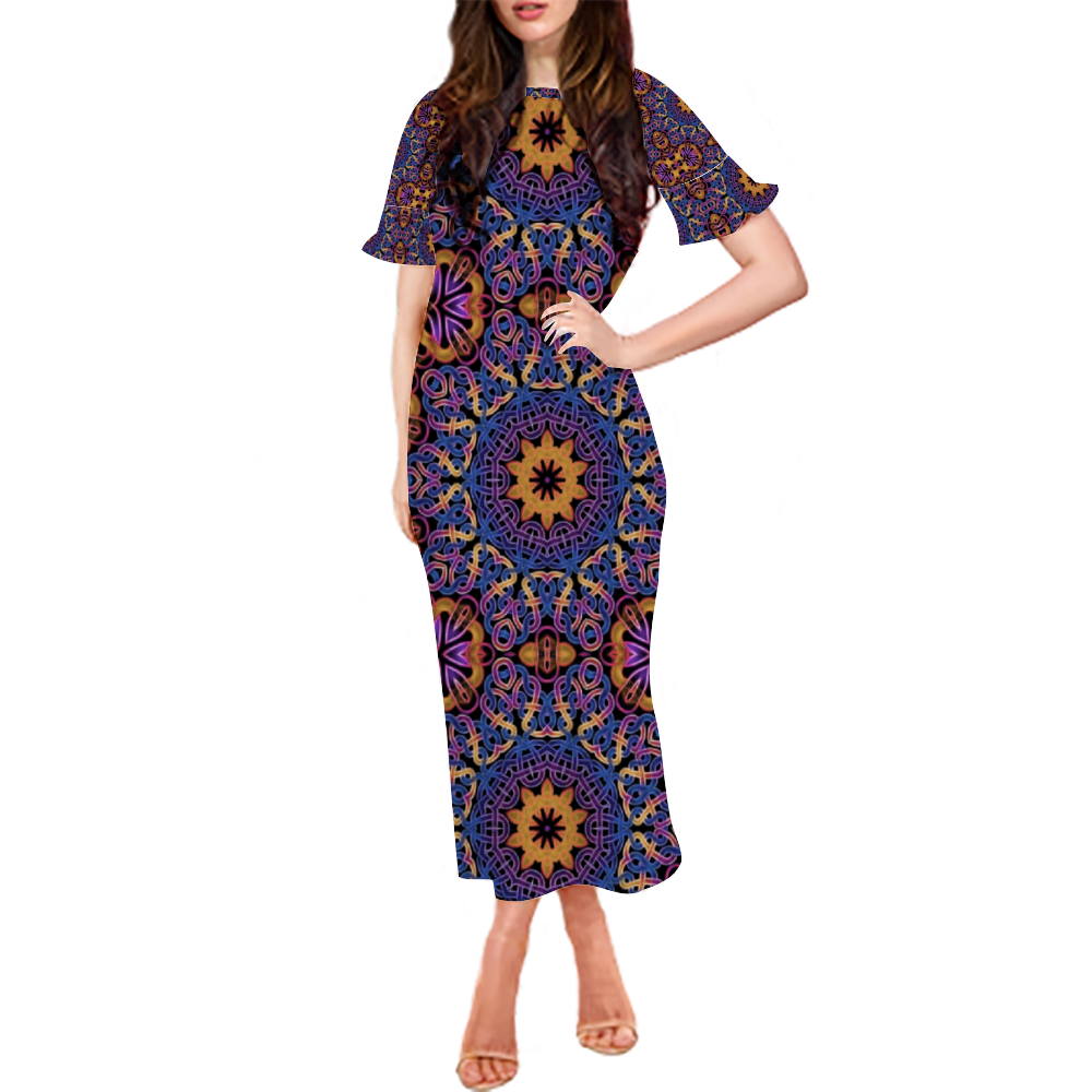 Blue Gold Celtic Kaleidoscope Custom Lotus Leaf Short Sleeve Long Dress Women's Summer Fashion Dress