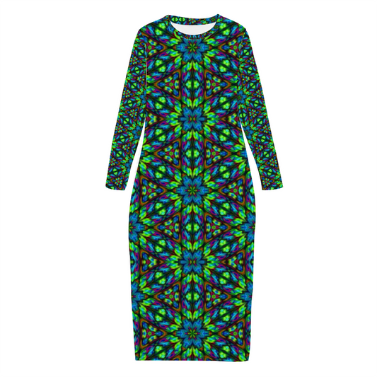 Blue Green Kaleidoscope Custom Women's Long Sleeve Dress Summer All Over Print Stylish Long Dress