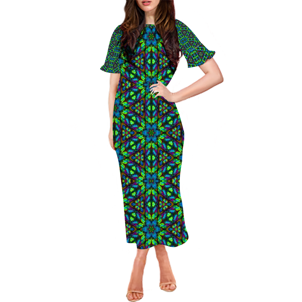 Blue Green Kaleidoscope Custom Lotus Leaf Short Sleeve Long Dress Women's Summer Fashion Dress