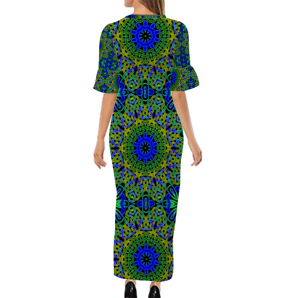 Blue Green Celtic Kaleidoscope Custom Lotus Leaf Short Sleeve Long Dress Women's Summer Fashion Dress