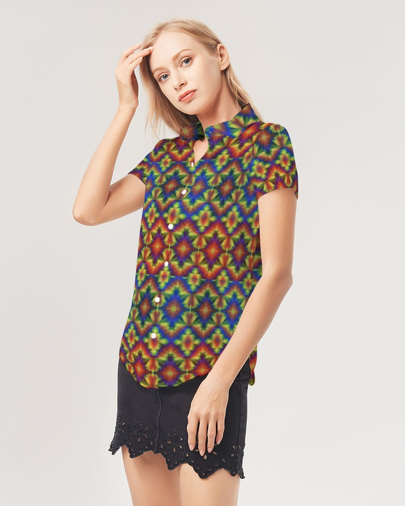 Carnival Kaleidoscope Women's All-Over Print Short Sleeve Button Up