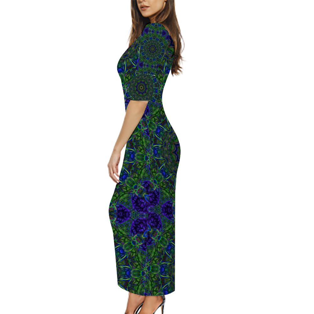 Blue Green Ribbon Kaleidoscope Custom Lotus Leaf Short Sleeve Long Dress Women's Summer Fashion Dress