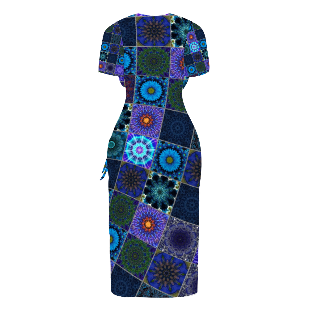 Blue Crazy Quilt Custom Women's Split Dress Summer Stylish Short Sleeve Dress