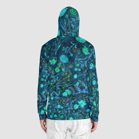 Blue Green Medieval Flowers Unisex Zip Relaxed Velvet Hoodie