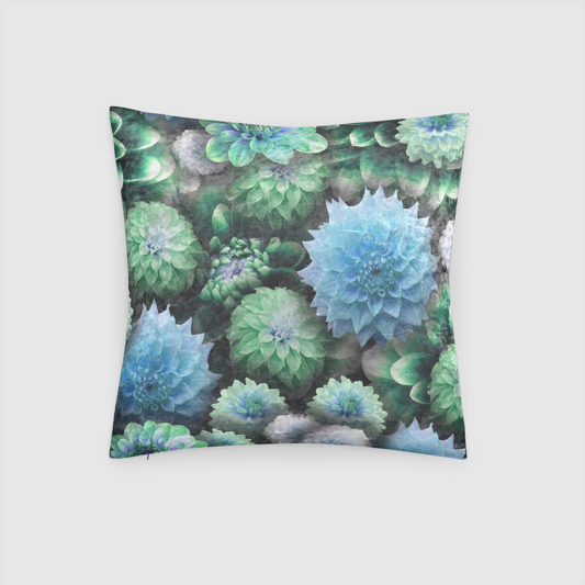 Blue Green Dahlias Collage Crushed Velvet Throw Pillow