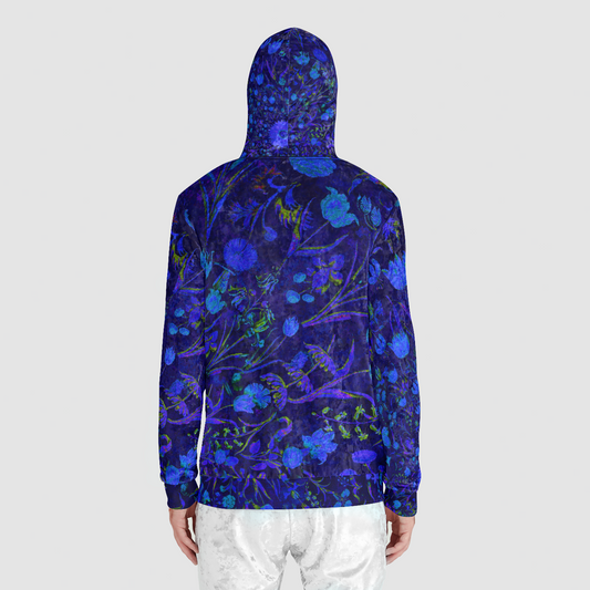 Blue Medieval Flowers Unisex Zip Relaxed Velvet Hoodie