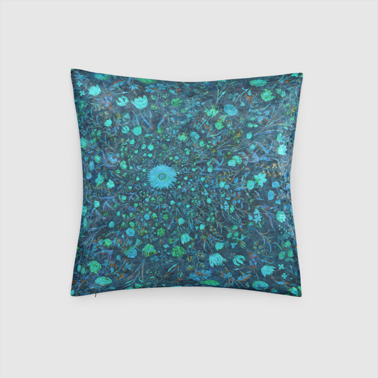 Blue Green Medieval Flowers Crushed Velvet Throw Pillow