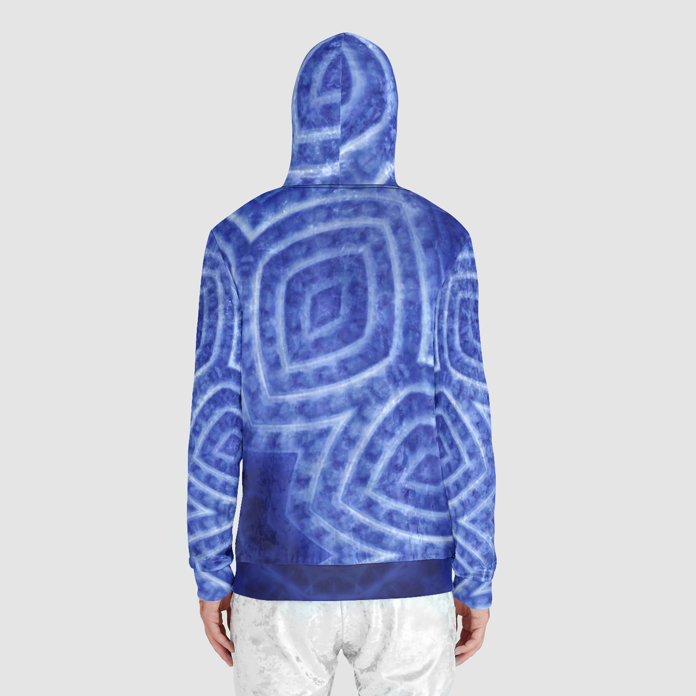 Blue and White Kaleidoscope Unisex Zip Relaxed Velvet Hoodie