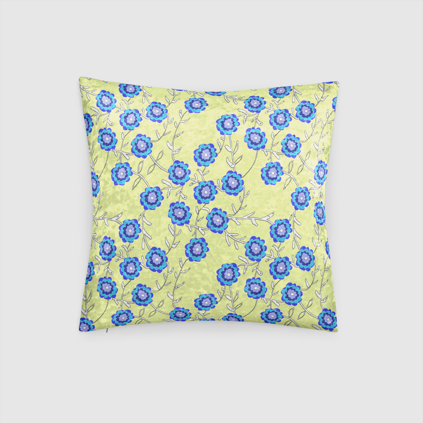 Blue Flowers on Yellow Crushed Velvet Throw Pillow