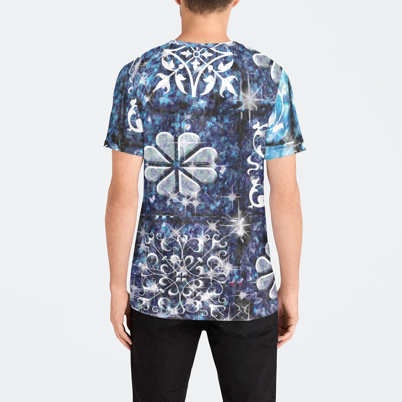 Blue Ice Crystals Motif Mens Velvet Tee