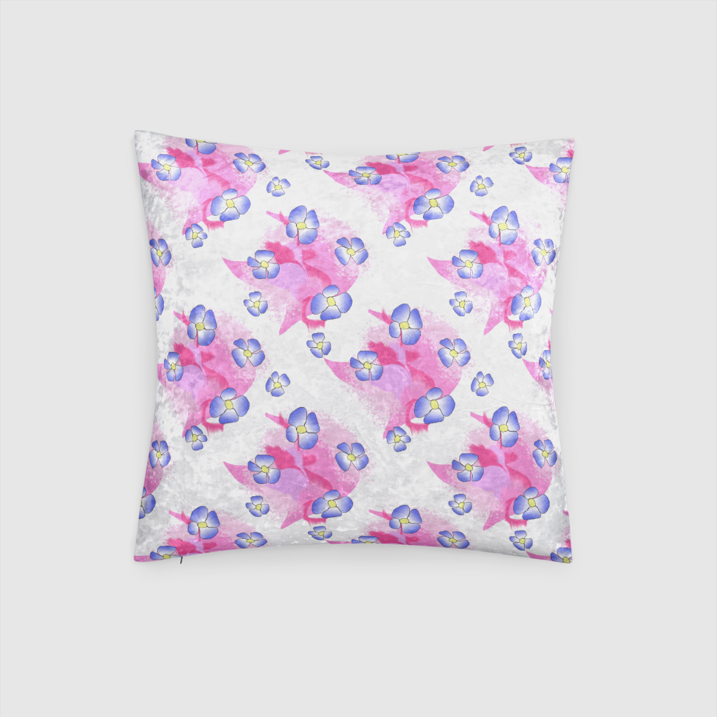 Blue Flowers on Pink Crushed Velvet Throw Pillow