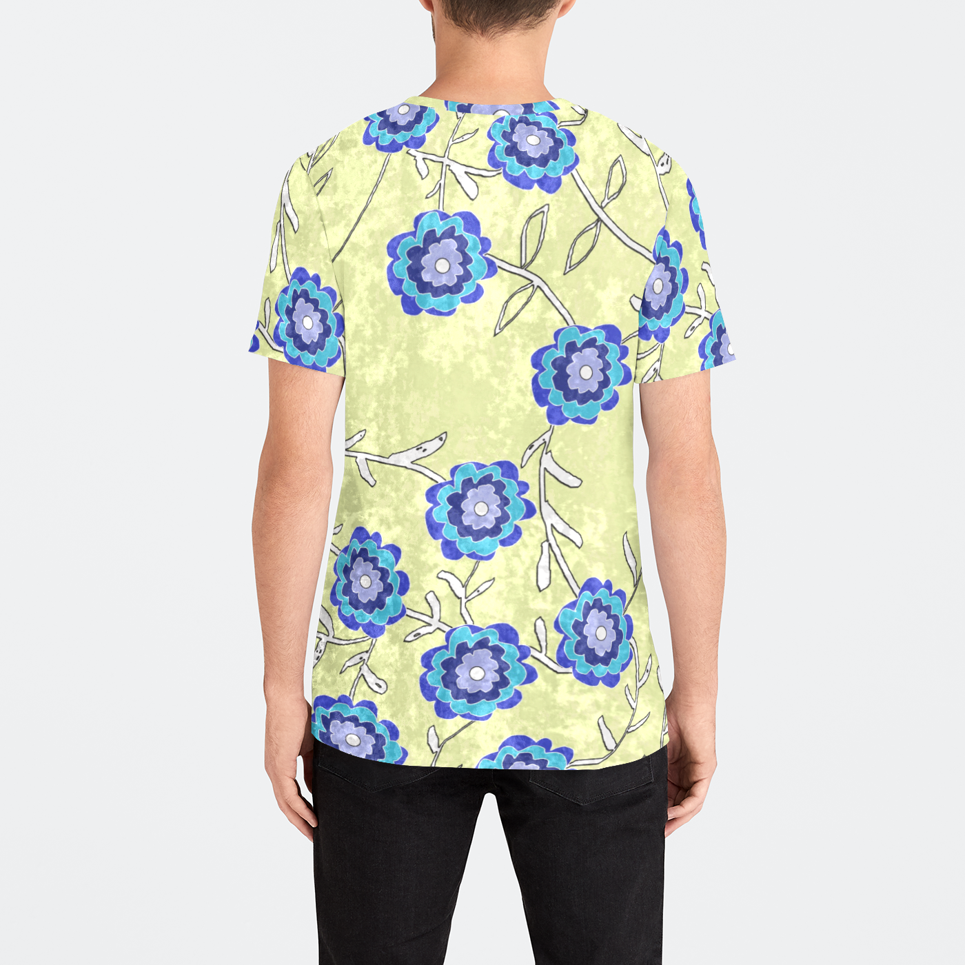 Blue Flowers On Yellow Mens Velvet Tee