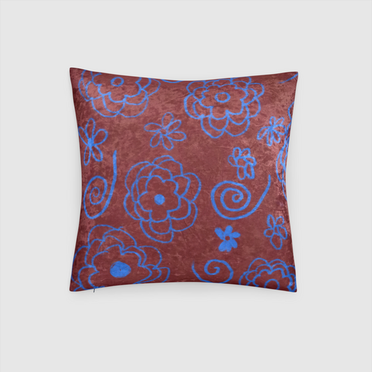 Blue Flowers Drawing Crushed Velvet Throw Pillow