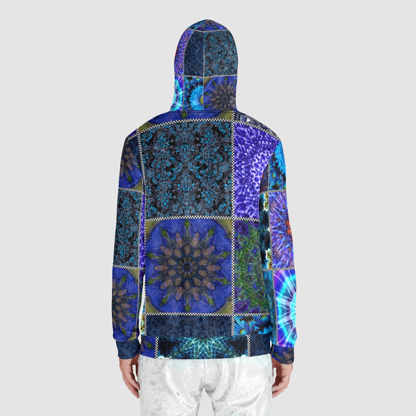 Blue Crazy Quilt Unisex Zip Relaxed Velvet Hoodie