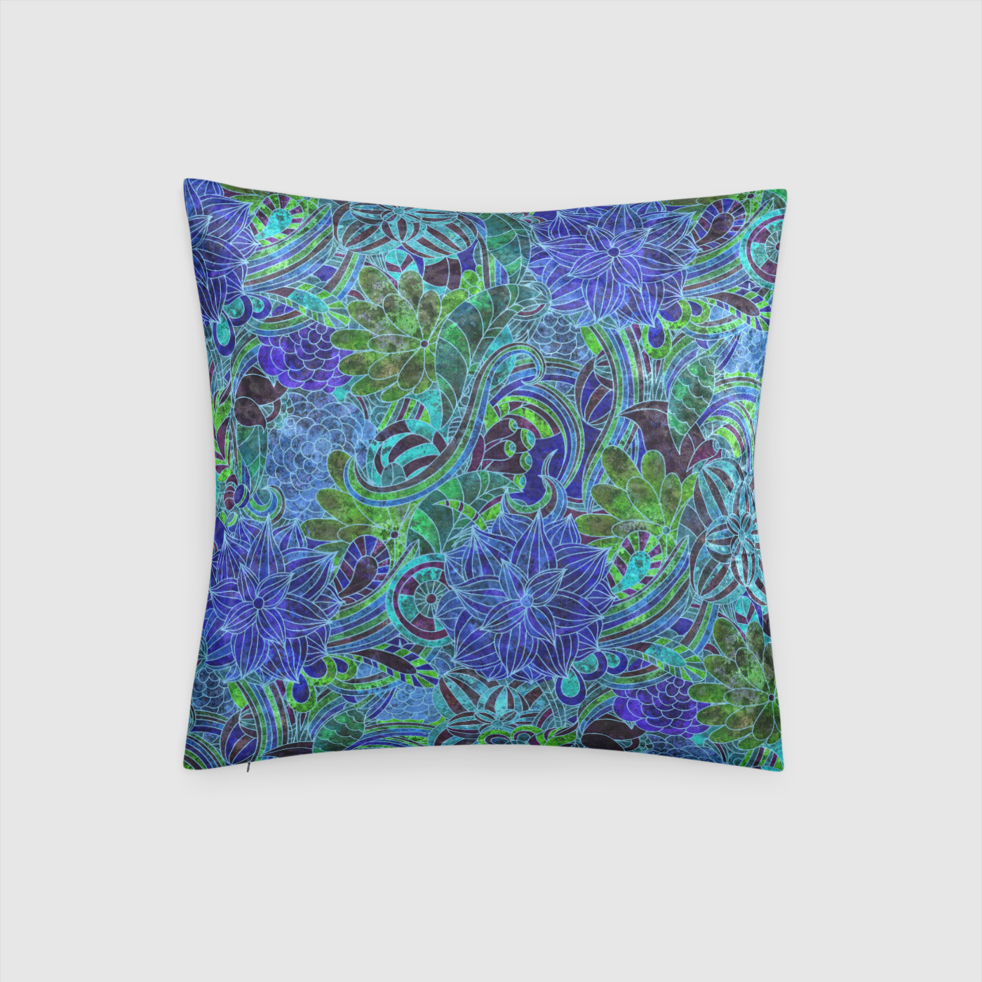 Blue Green Flower Pattern Crushed Velvet Throw Pillow