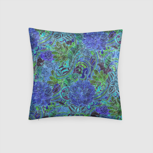 Blue Green Flower Pattern Crushed Velvet Throw Pillow