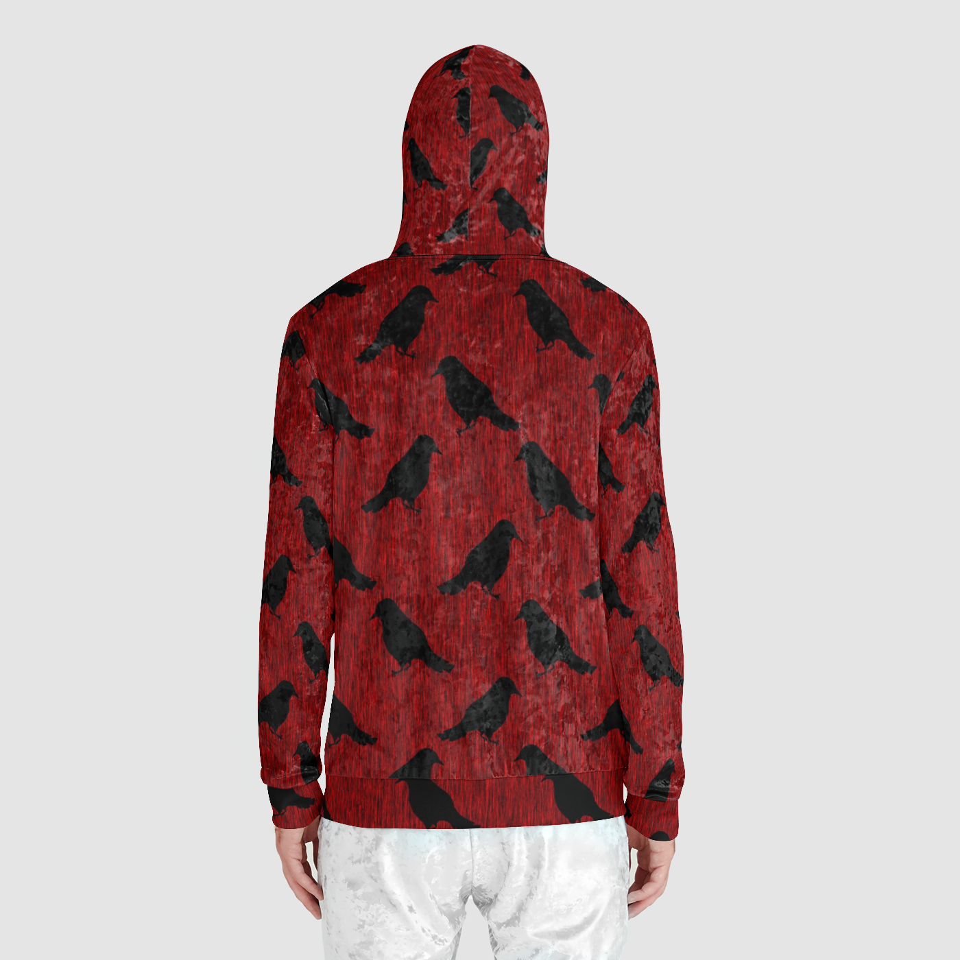 Ravens On Red Unisex Zip Relaxed Velvet Hoodie