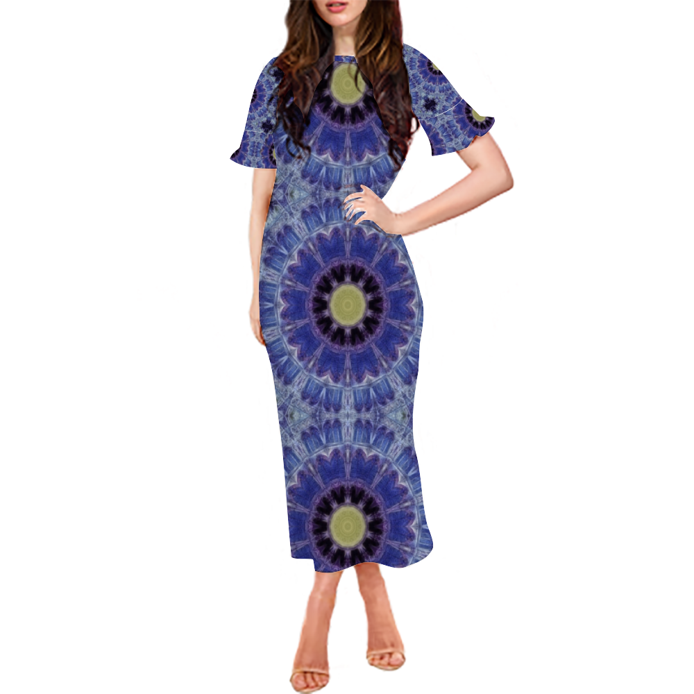 Blue Cathedral Kaleidoscope Custom Lotus Leaf Short Sleeve Long Dress Women's Summer Fashion Dress