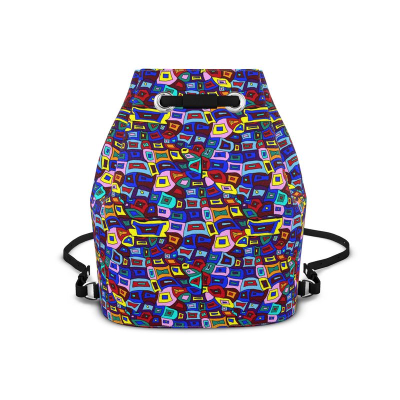 Wavy Square Pattern Leather Bucket Backpack