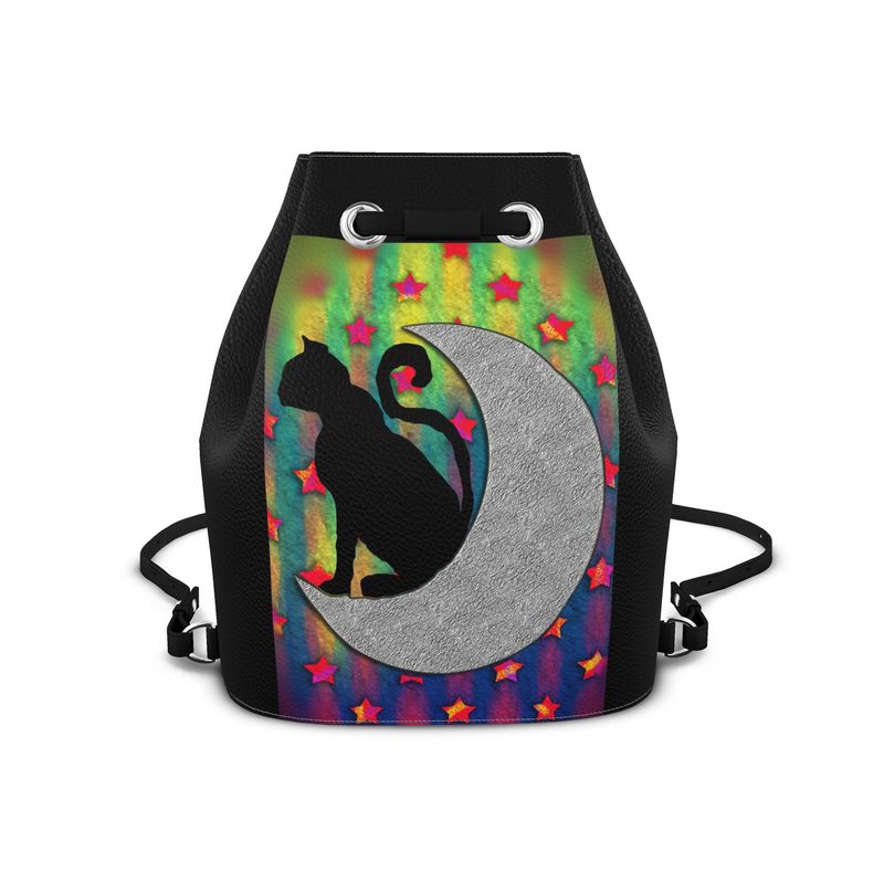 Cat On The Moon Leather Bucket Backpack