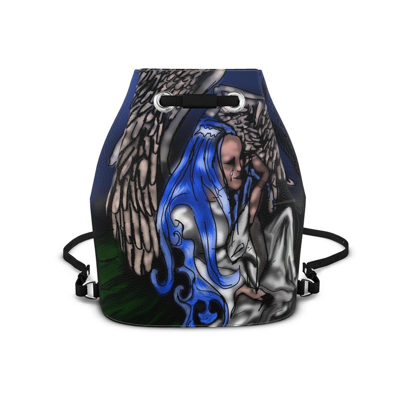 Angel Dries Her Tears Leather Bucket Backpack