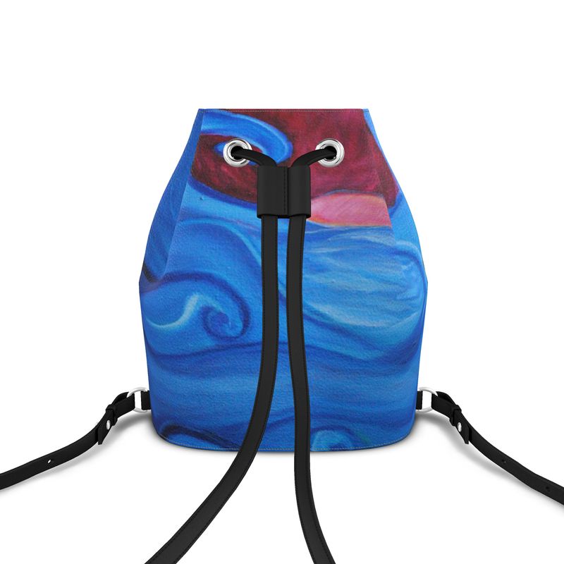 Blown Ocean Waves Leather Bucket Backpack