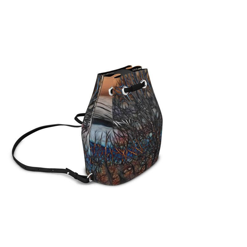 Abstract Sunset Tree Leather Bucket Backpack