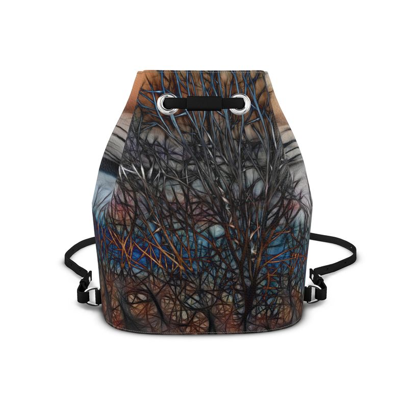 Abstract Sunset Tree Leather Bucket Backpack