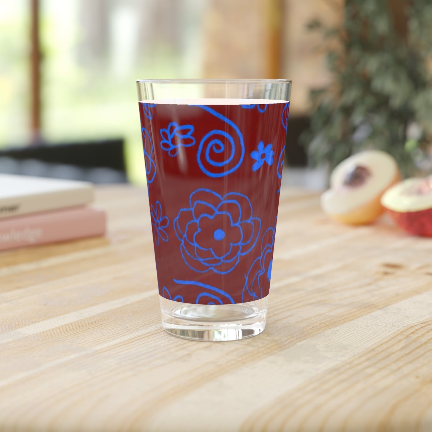 Blue Flower Drawing Pint Glass, 16oz