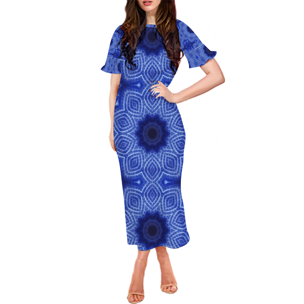 Blue and White Stripe Kaleidoscope Custom Lotus Leaf Short Sleeve Long Dress Women's Summer Fashion Dress