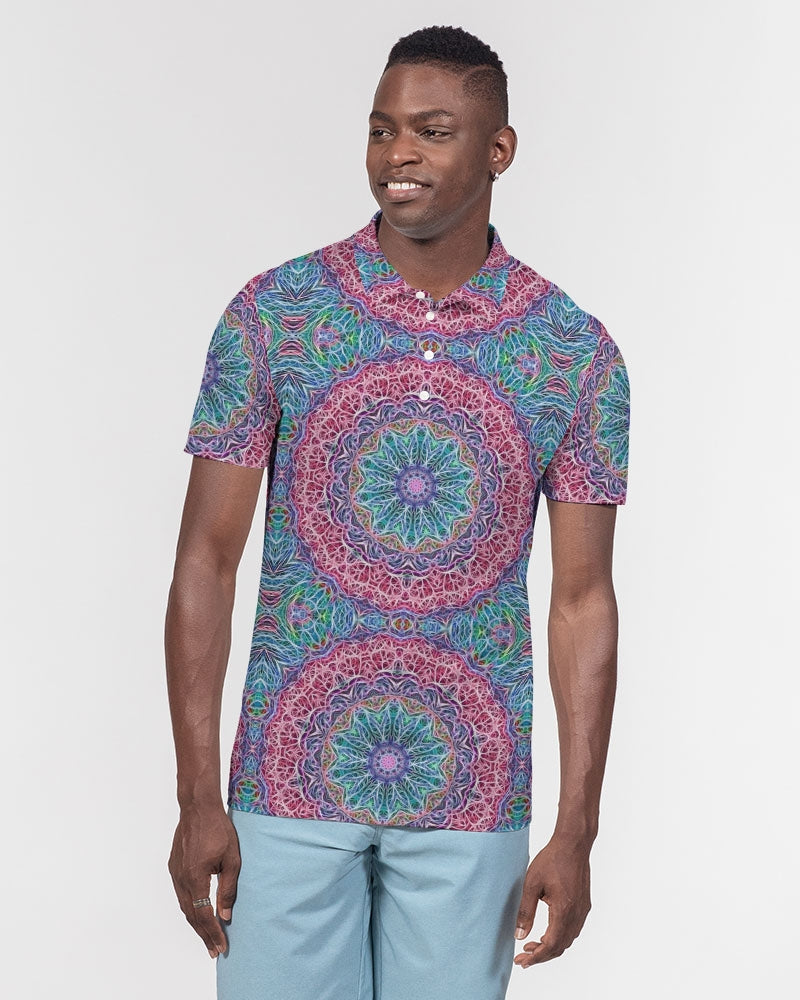 Blue Red Snowflake Kaleidoscope Men's All-Over Print Slim Fit Short Sleeve Polo