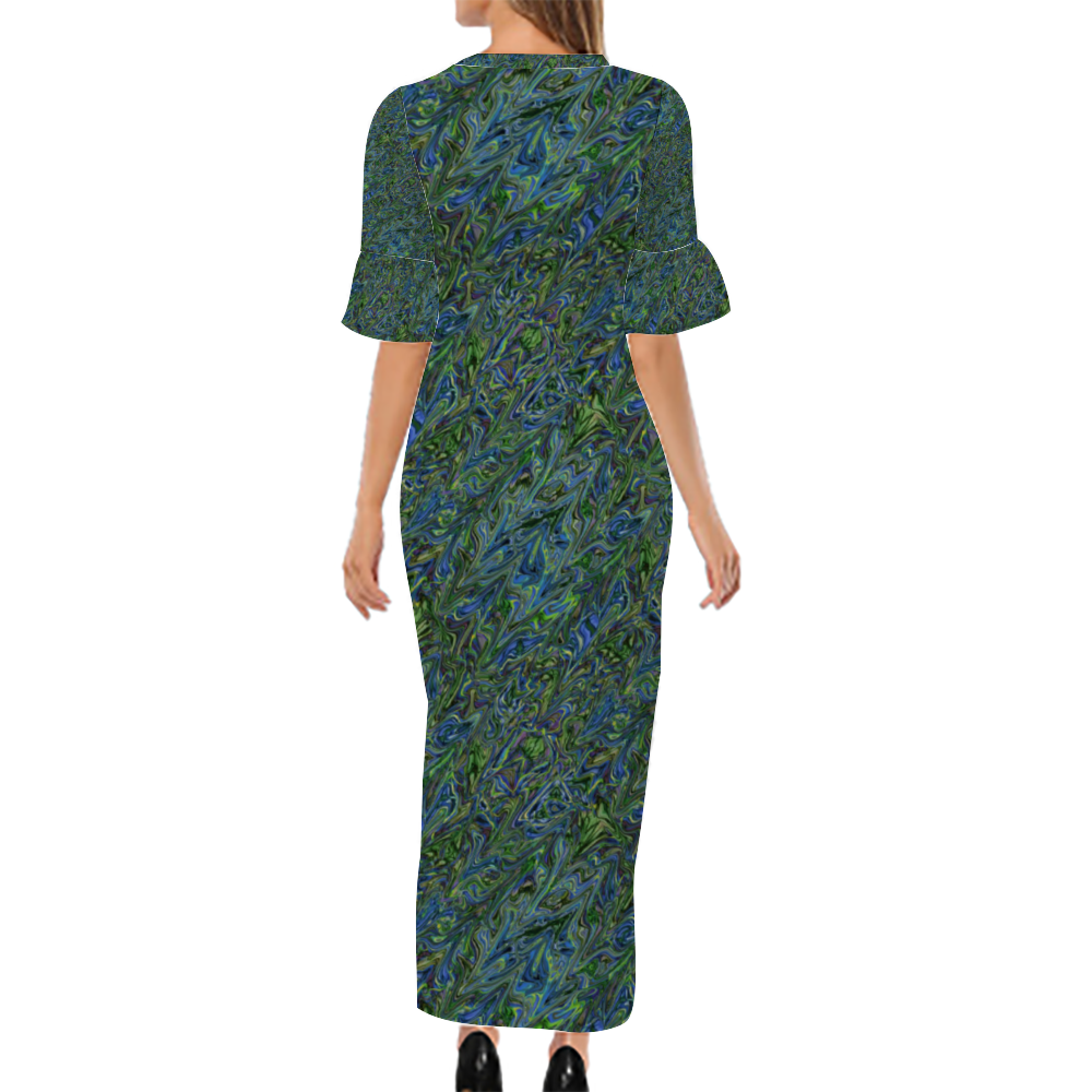 Blue Green Liquid Marbling Custom Lotus Leaf Short Sleeve Long Dress Women's Summer Fashion Dress