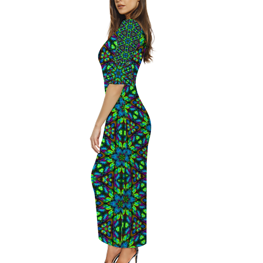 Blue Green Kaleidoscope Custom Lotus Leaf Short Sleeve Long Dress Women's Summer Fashion Dress