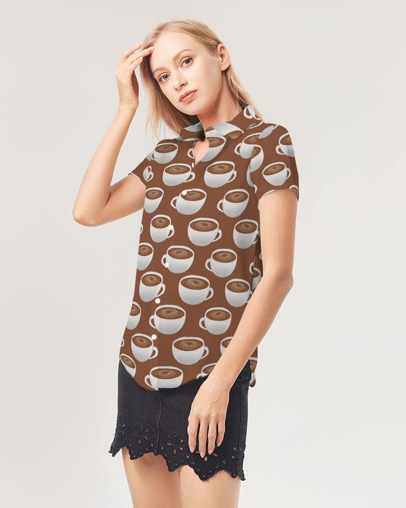 Coffee on Coffee Women's All-Over Print Short Sleeve Button Up