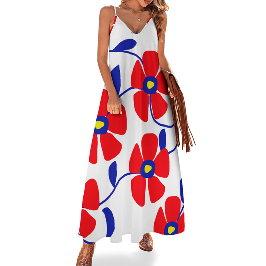 Blue Flowers Red Thorns Custom All Over Print Women's Summer Fashion Slip Dress Long Skirts