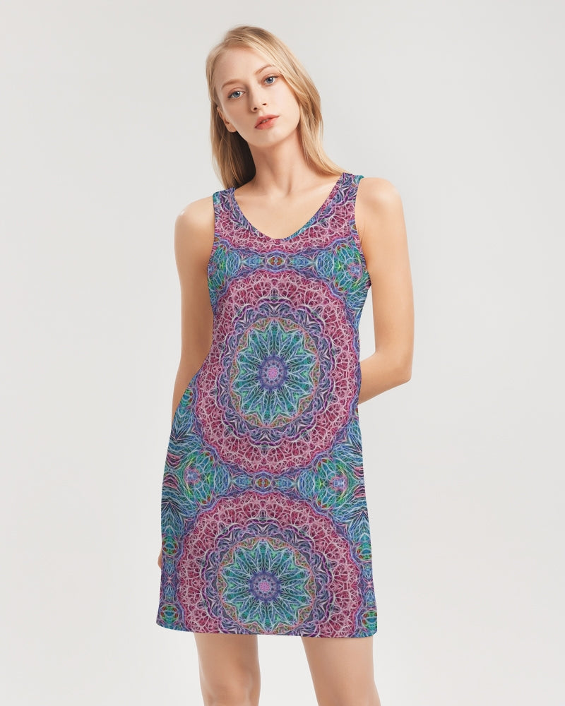 Blue Red Snowflake Kaleidoscope Women's All-Over PrintRib Knit V Neck Mini Dress