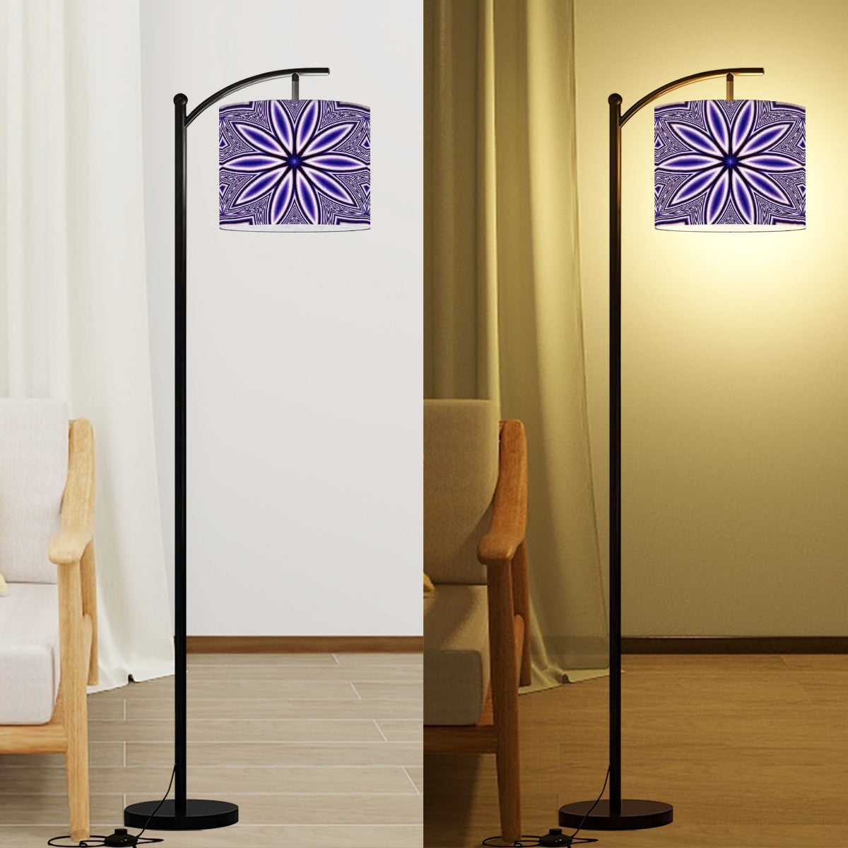 Arc Floor Lamp (Made in USA) Blue Fractal Flowers