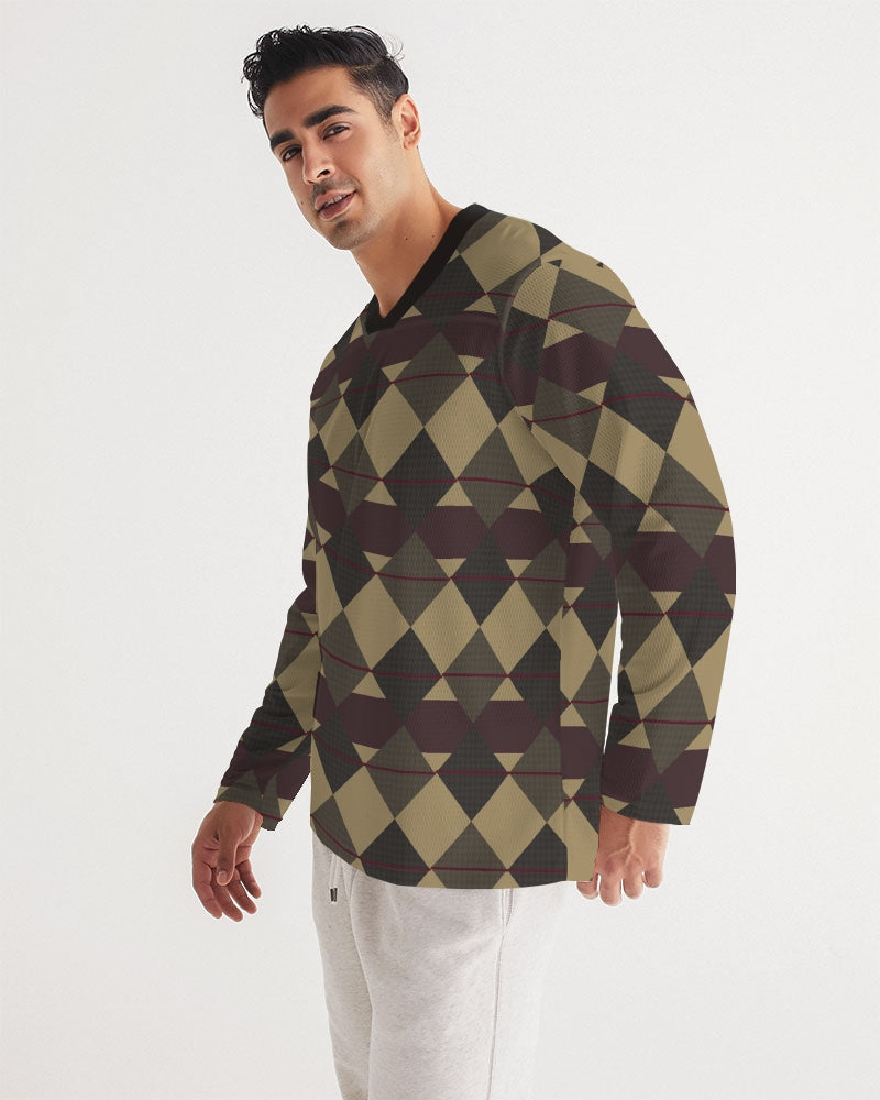 Checkered Brown Plaid Argyle Men's All-Over Print Long Sleeve Sports Jersey