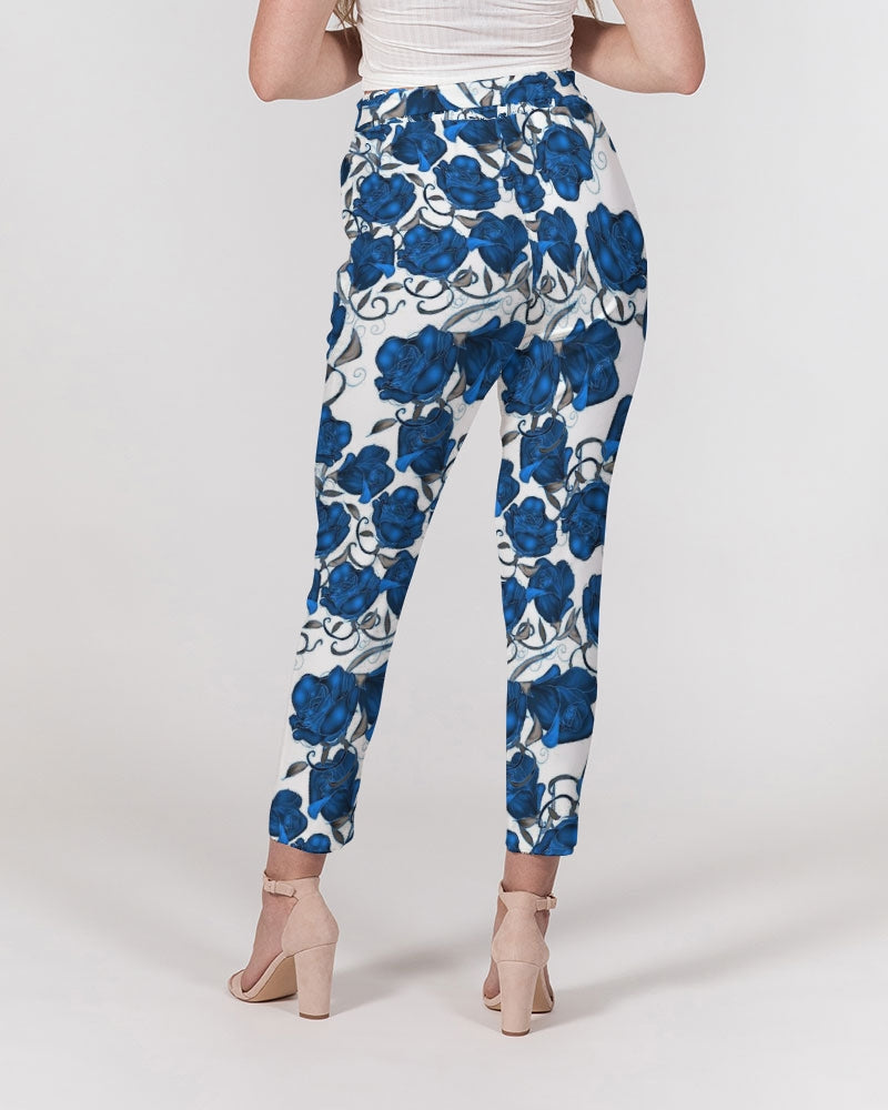 Blue Roses Women's All-Over Print Belted Tapered Pants