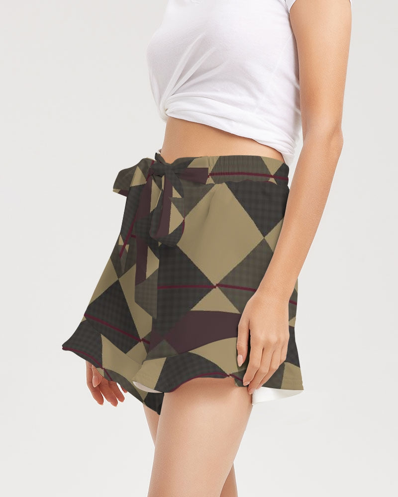 Checkered Brown Plaid Argyle Women's All-Over Print Ruffle Shorts