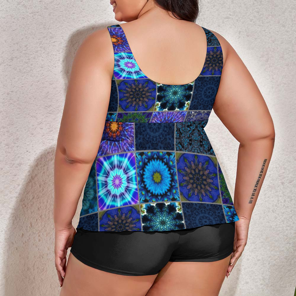 Blue Crazy Quilt Custom Women's Plus Size Two Piece Swimsuit Stylish Swimwear