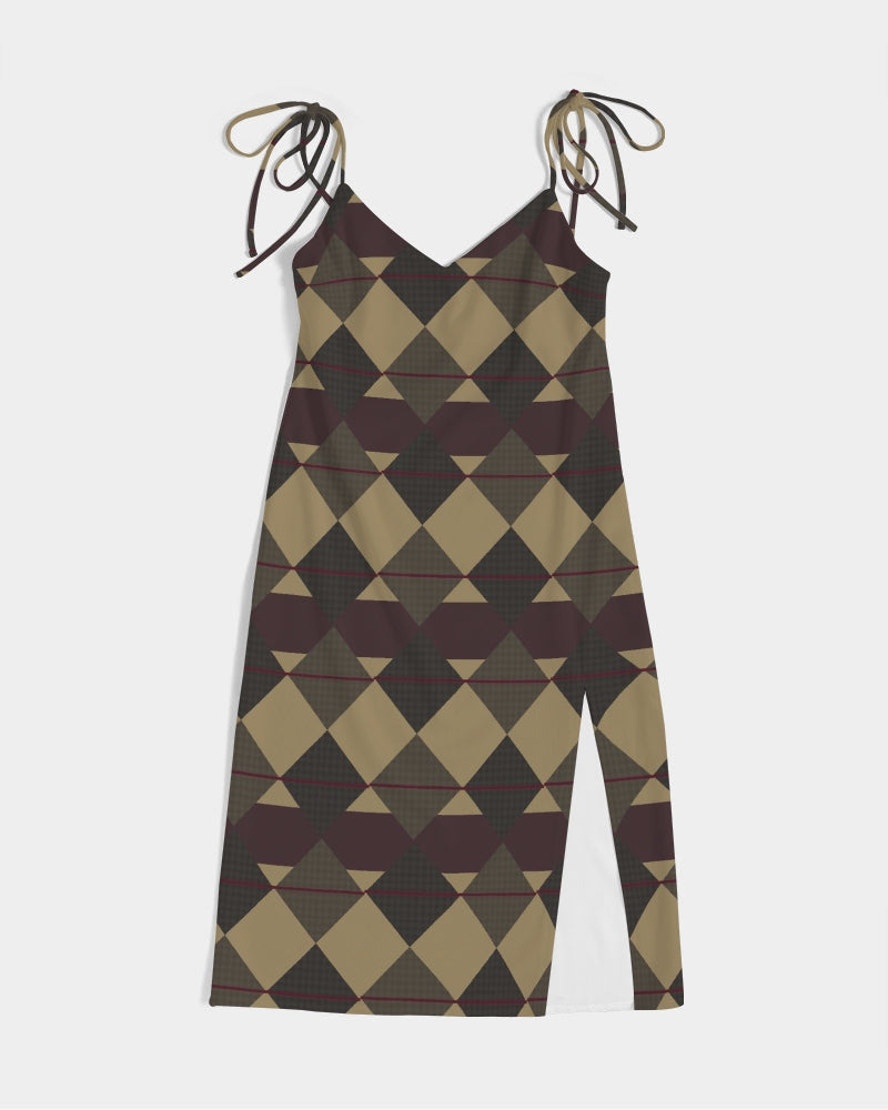 Checkered Brown Plaid Argyle Women's All-Over Print Tie Strap Split Dress