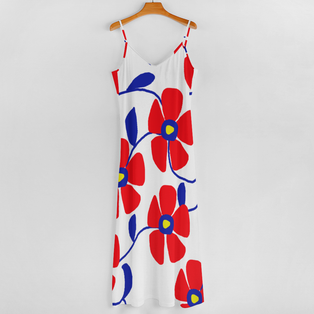 Blue Flowers Red Thorns Custom All Over Print Women's Summer Fashion Slip Dress Long Skirts